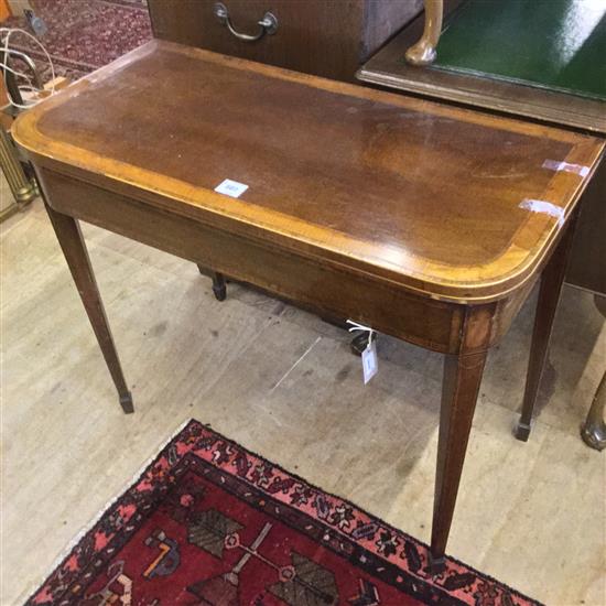 George III mahogany and satinwood band-inlaid card table, D-shaped folding top(-)